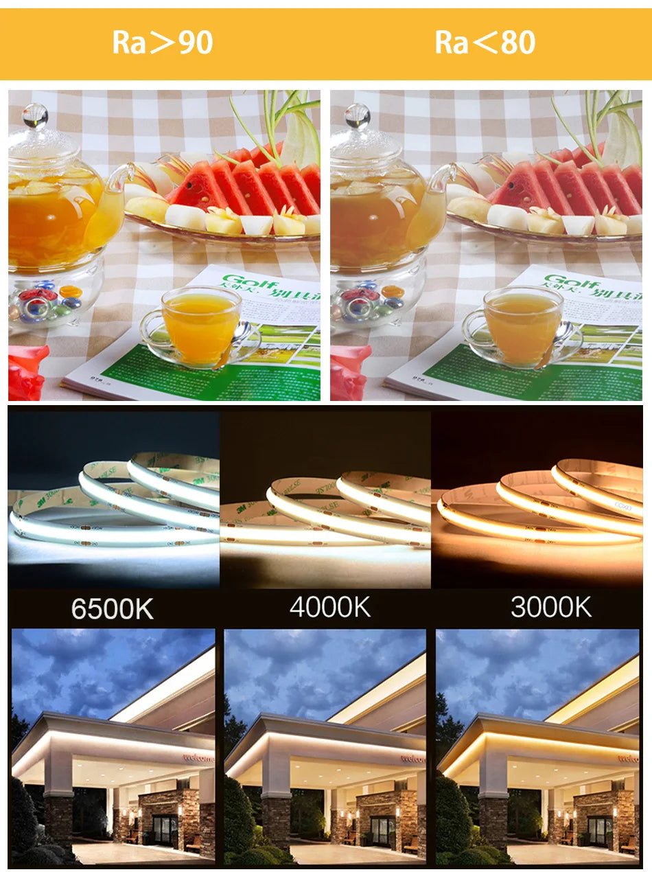 UL Listed COB LED Strip Light 320 480 LEDs/m 16.4ft High Density Flexible Tape Ribbon 3000-6500K RA90 Led Lights DC12V 24V