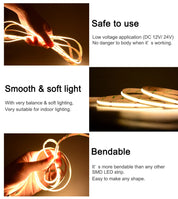 UL Listed COB LED Strip Light 320 480 LEDs/m 16.4ft High Density Flexible Tape Ribbon 3000-6500K RA90 Led Lights DC12V 24V