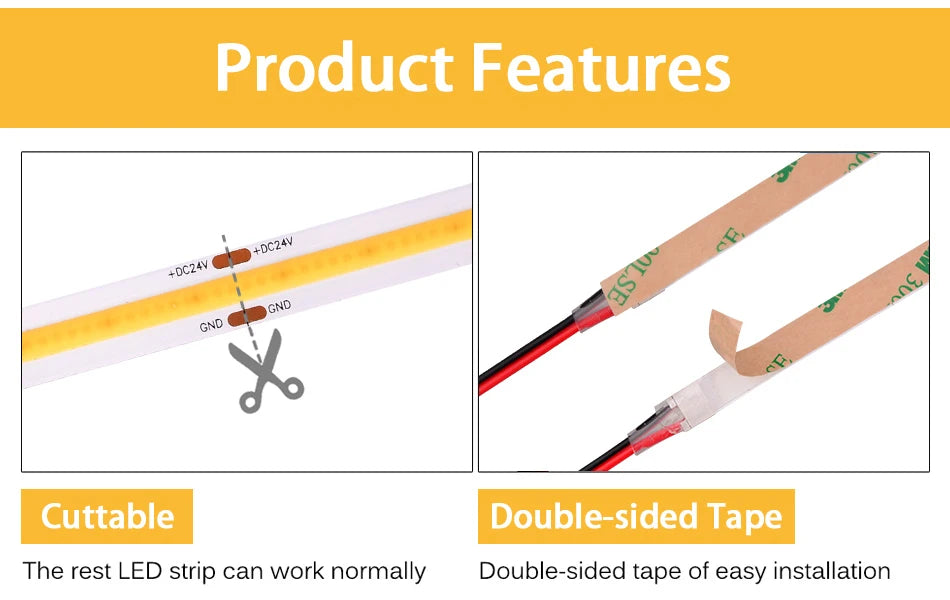 UL Listed COB LED Strip Light 320 480 LEDs/m 16.4ft High Density Flexible Tape Ribbon 3000-6500K RA90 Led Lights DC12V 24V