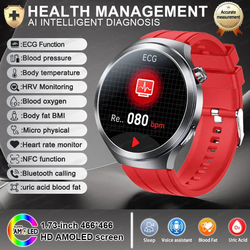 New 1.73" Sapphire Glass Uric Acid Blood Fat Health Trackr SmartWatch Blood Pressure ECG+PPG Clock Body Analysis Smartwatchs Men