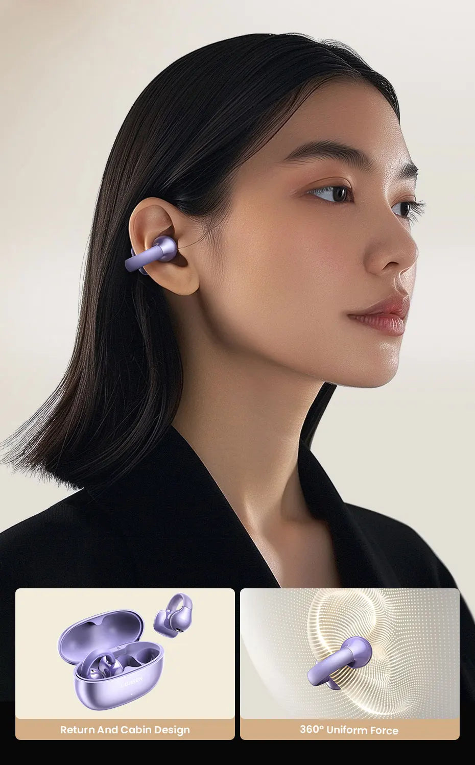 UGREEN Open Ear Clip Wireless Earbuds Bluetooth Sports Earphones Headphones in Mic with Earhooks & Ear Hook