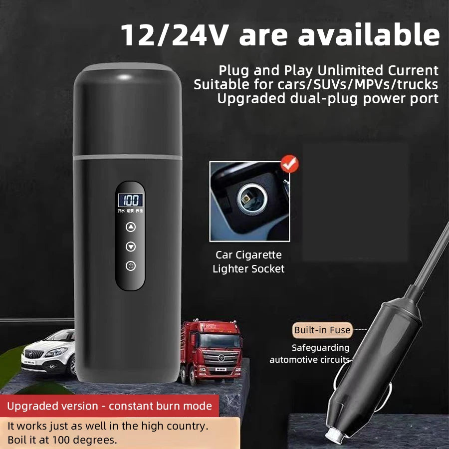 Electric kettle 12V 24V portable car heating cup 500 ml travel heating smart stainless steel insulation artifact OLED display