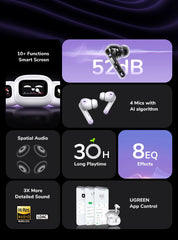 UGREEN LCD Full Color Smart Screen Wireless TWS Bluetooth Earphones Earbuds 52dB Active Noise Cancelling ANC In Ear Headphones