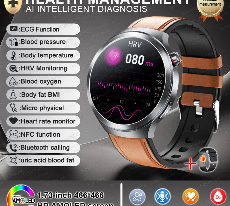 New 1.73" Sapphire Glass Uric Acid Blood Fat Health Trackr SmartWatch Blood Pressure ECG+PPG Clock Body Analysis Smartwatchs Men
