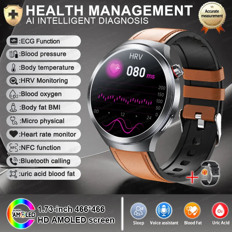 New 1.73" Sapphire Glass Uric Acid Blood Fat Health Trackr SmartWatch Blood Pressure ECG+PPG Clock Body Analysis Smartwatchs Men