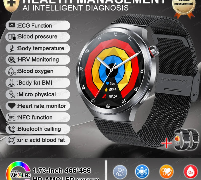 New 1.73" Sapphire Glass Uric Acid Blood Fat Health Trackr SmartWatch Blood Pressure ECG+PPG Clock Body Analysis Smartwatchs Men