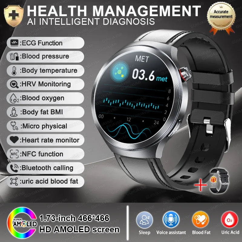 New 1.73" Sapphire Glass Uric Acid Blood Fat Health Trackr SmartWatch Blood Pressure ECG+PPG Clock Body Analysis Smartwatchs Men