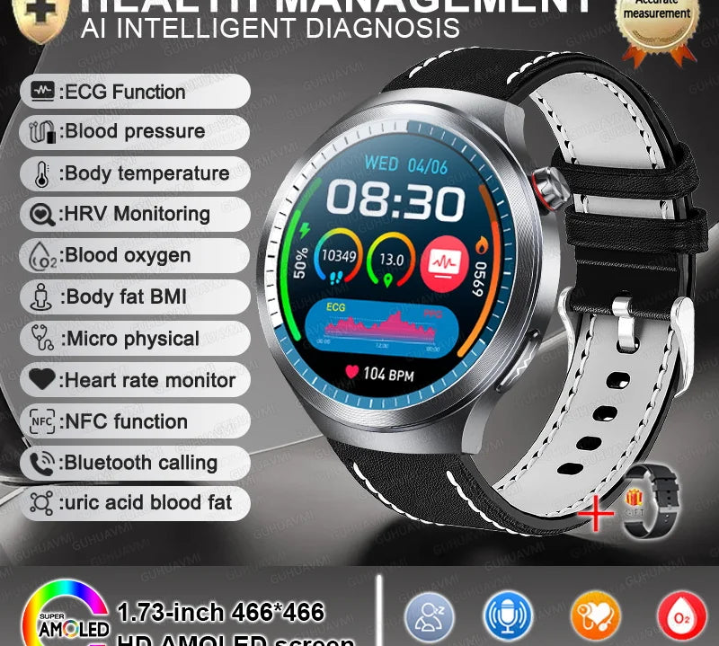 New 1.73" Sapphire Glass Uric Acid Blood Fat Health Trackr SmartWatch Blood Pressure ECG+PPG Clock Body Analysis Smartwatchs Men