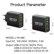 Multi Ports 65W USB Charger Fast Charging Type C Phone Charger Adapter For iPhone Samsung Xiaomi Huawei EU/US Plug Wall Charger