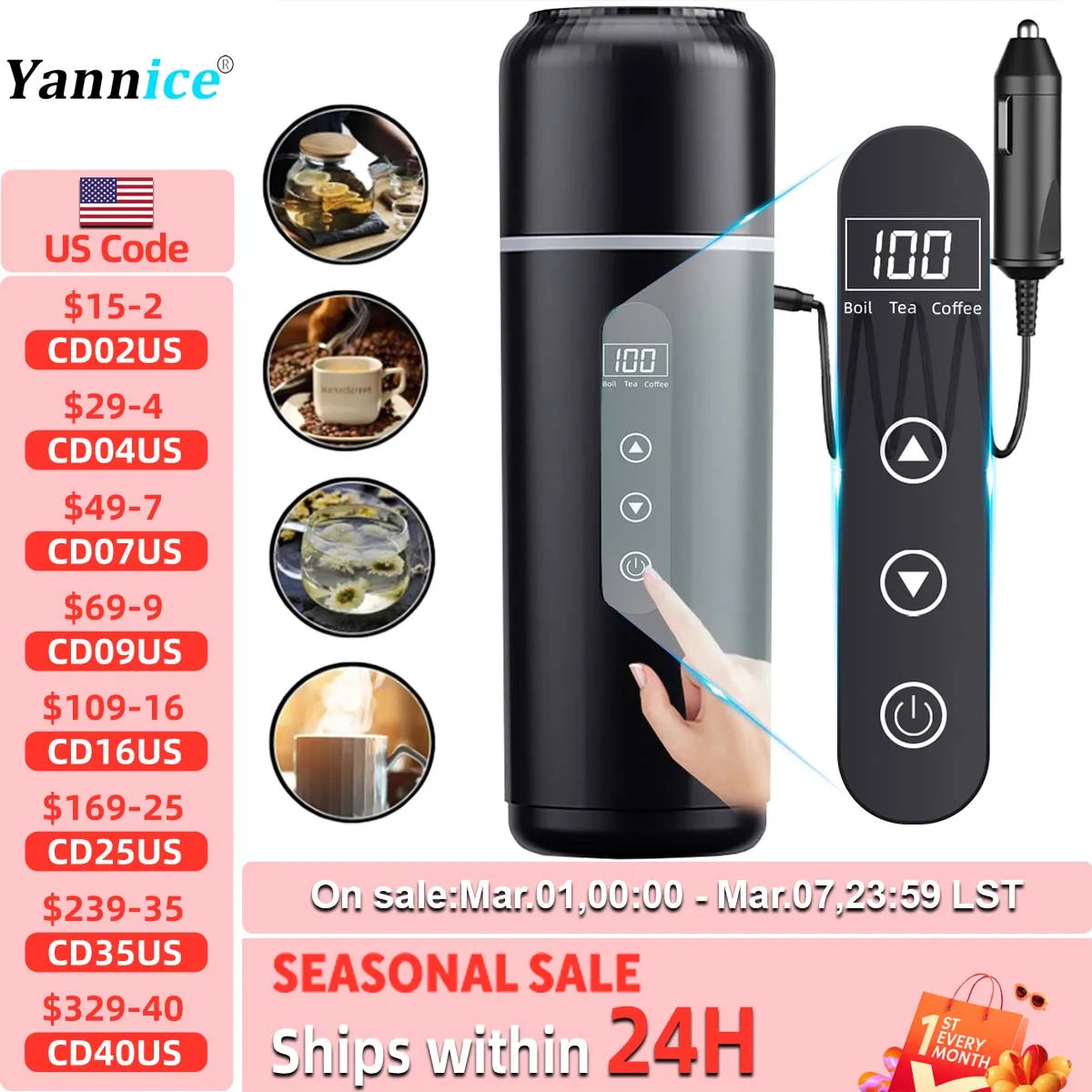 Electric kettle 12V 24V portable car heating cup 500 ml travel heating smart stainless steel insulation artifact OLED display
