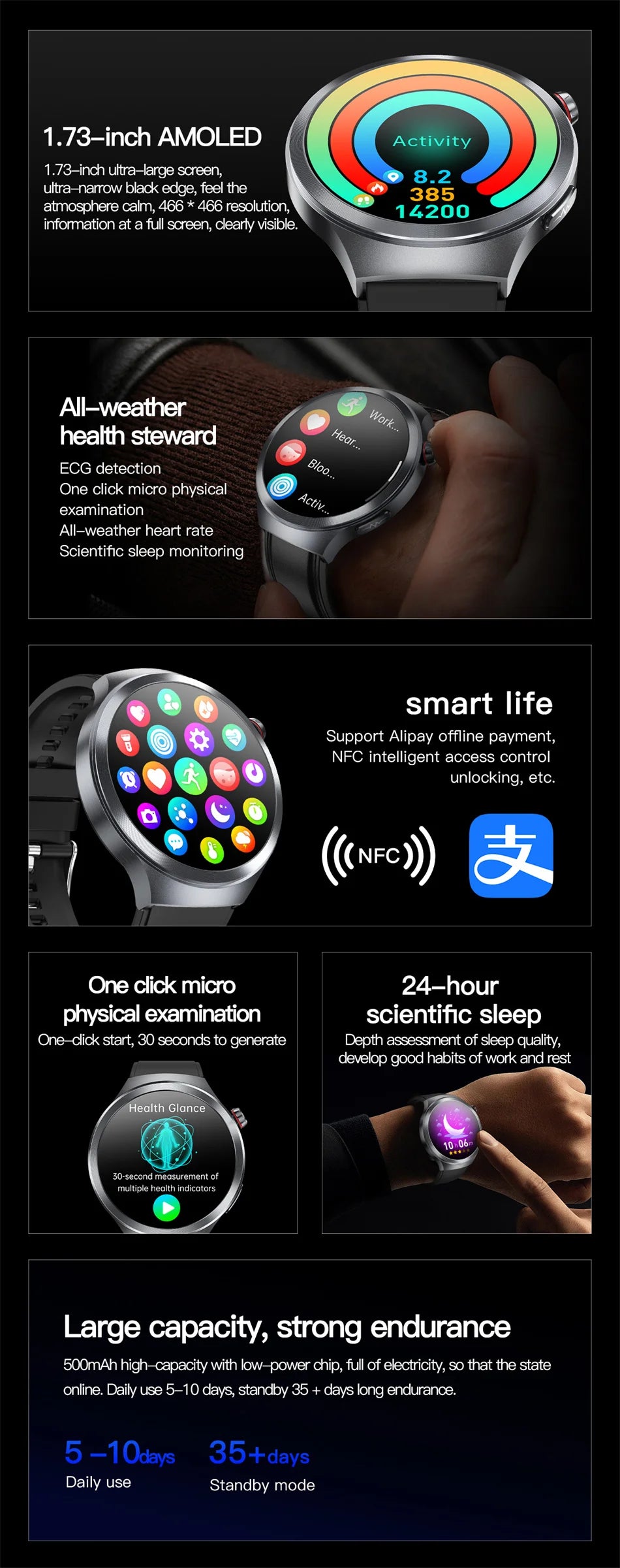 New 1.73" Sapphire Glass Uric Acid Blood Fat Health Trackr SmartWatch Blood Pressure ECG+PPG Clock Body Analysis Smartwatchs Men