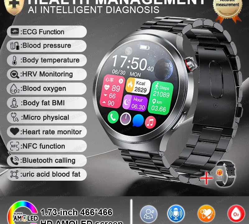 New 1.73" Sapphire Glass Uric Acid Blood Fat Health Trackr SmartWatch Blood Pressure ECG+PPG Clock Body Analysis Smartwatchs Men