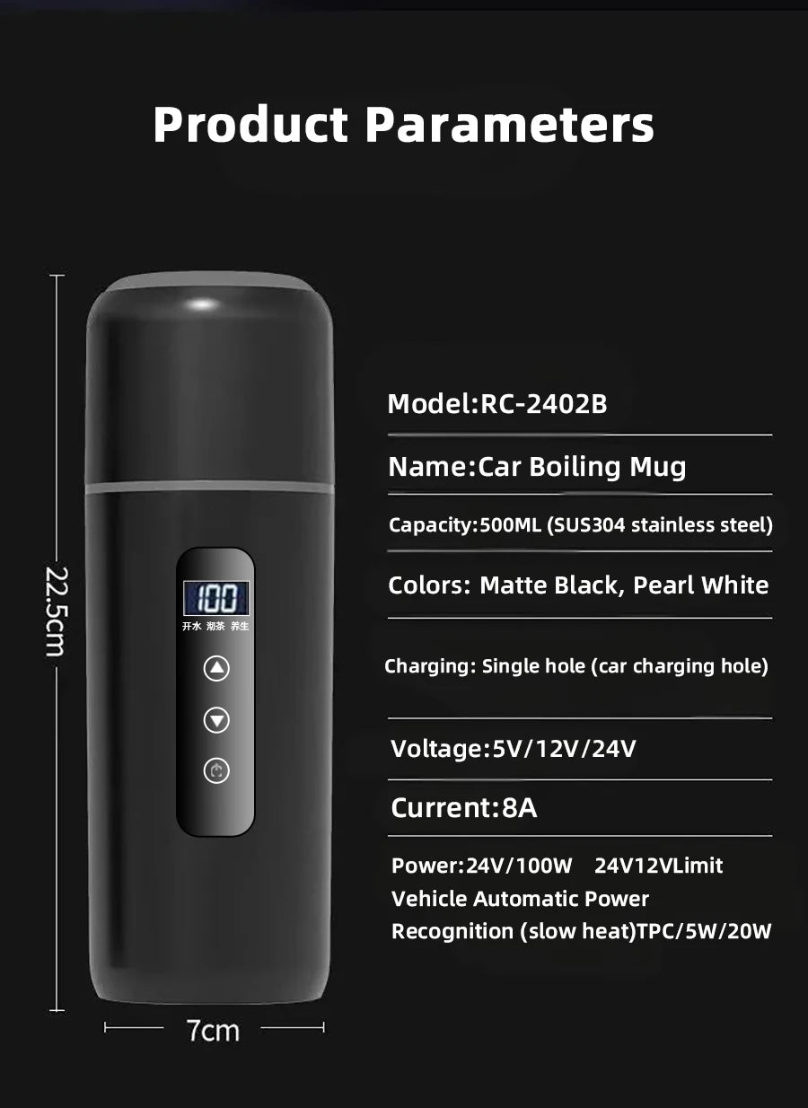 Electric kettle 12V 24V portable car heating cup 500 ml travel heating smart stainless steel insulation artifact OLED display