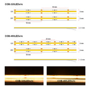 UL Listed COB LED Strip Light 320 480 LEDs/m 16.4ft High Density Flexible Tape Ribbon 3000-6500K RA90 Led Lights DC12V 24V